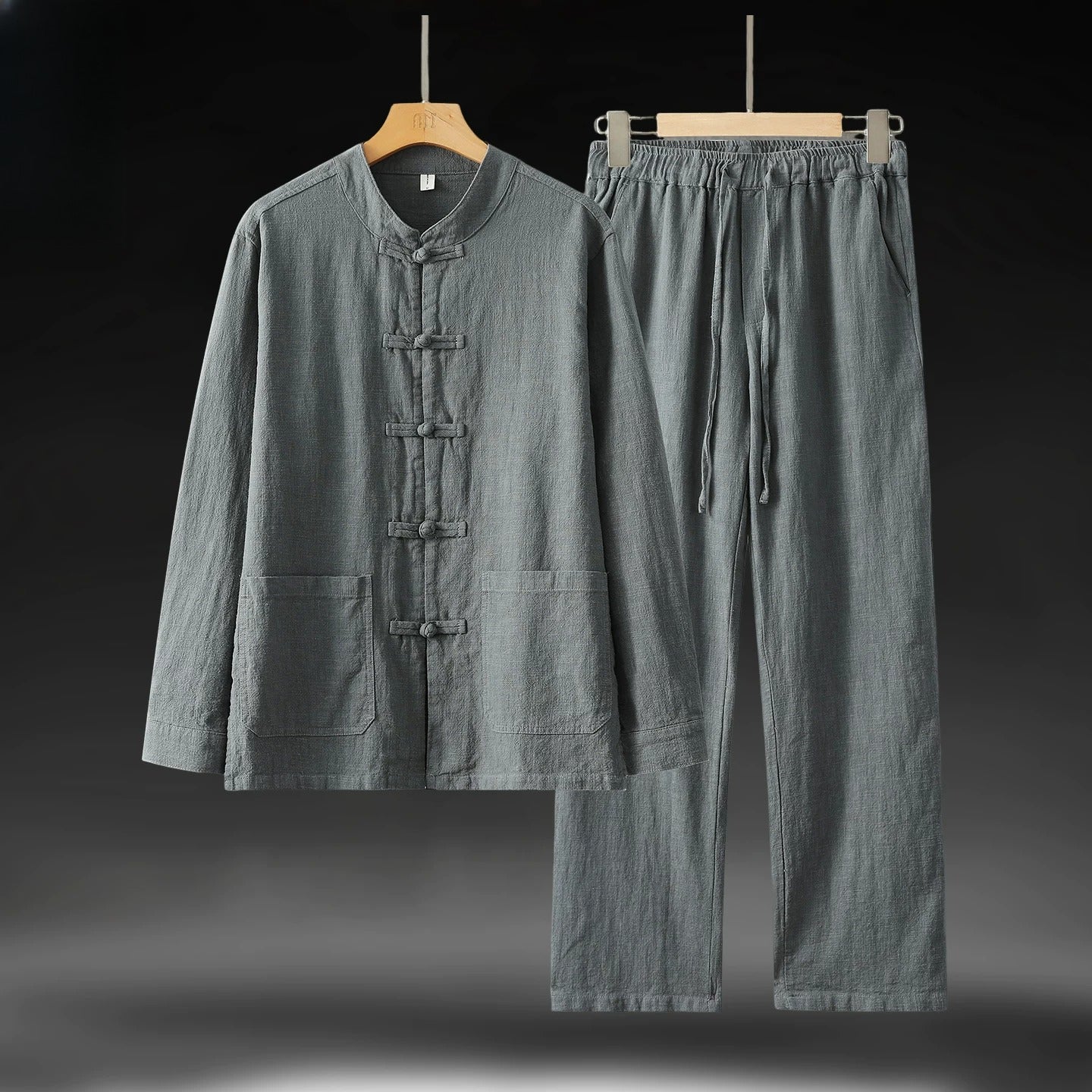 Ramie Stand Collar Men's Autumn Chinese Style Retro Long Sleeved Cotton Linen Shirt Suits Grey