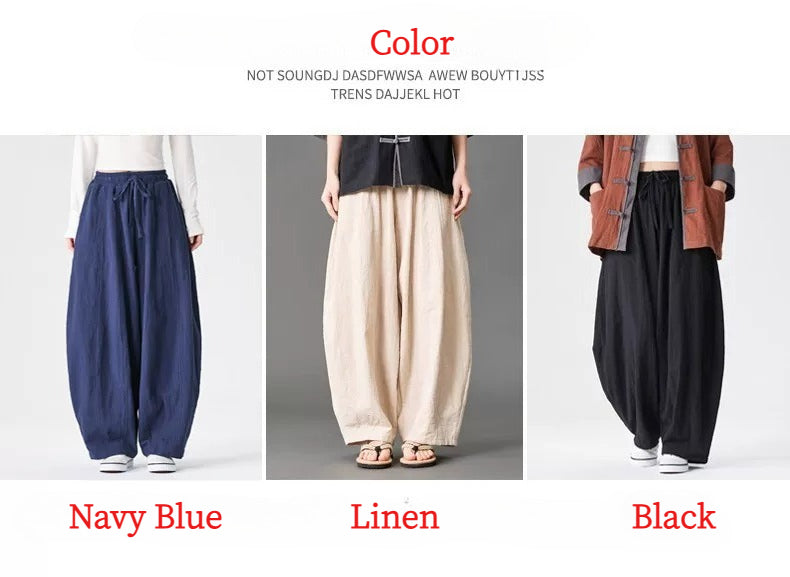 Unsexual Cotton Wide Leg Pants Long Pants- Black / Navy Blue / Hemp