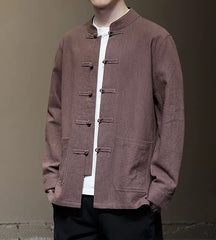 Ramie Stand Collar Men's Autumn Chinese Style Retro Long Sleeved Cotton Linen Shirt Top Coffee