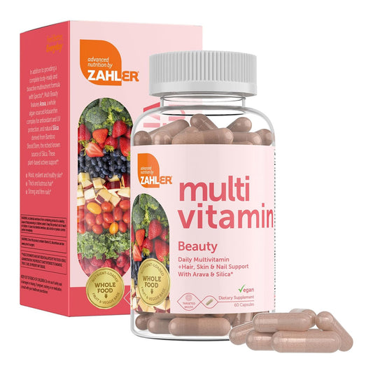 Zahler Multivitamin Beauty + Skin Hair and Nails Support, Multivitamin for Women and Men with Iron, Certified Kosher, 60 Capsules