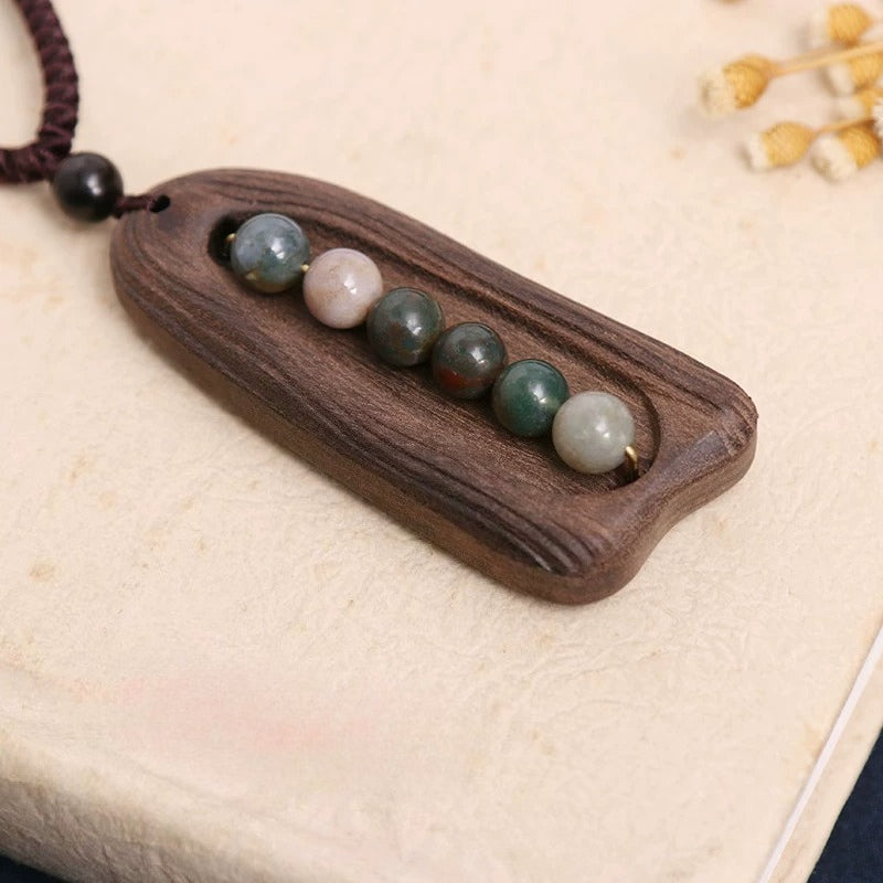 Retro Wood & Agate Necklace – Tibetan Style Sandalwood Pendant with Fortune Bead, Artsy Minimalist Jewelry