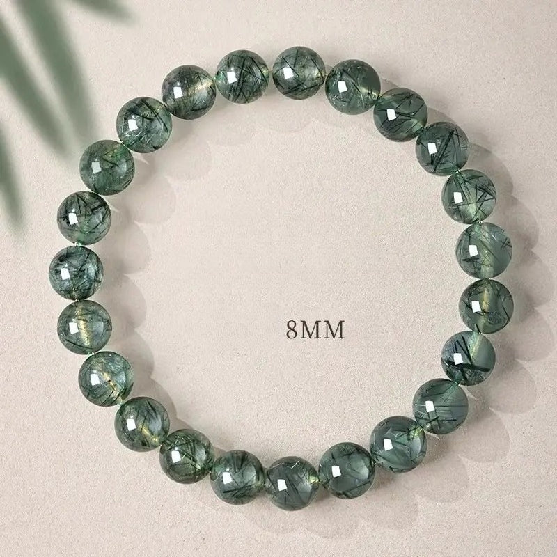 Natural Green Rutilated Quartz Bracelet – Green Phantom Crystal Beaded Bangle for Prosperity, Emotional Balance & Women's Daily Wear 8mm 10cm