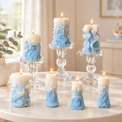 Handmade Bluebell Scented Candles – Blue & White Gradient Sets of 7 Bluebell 7 candles + 3 glass holders