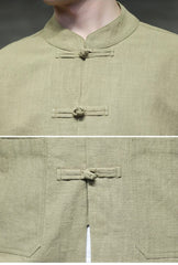 Ramie Stand Collar Men's Autumn Chinese Style Retro Long Sleeved Cotton Linen Shirt