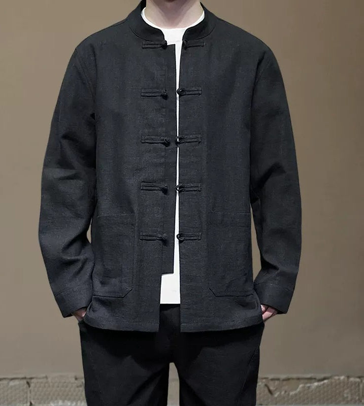 Ramie Stand Collar Men's Autumn Chinese Style Retro Long Sleeved Cotton Linen Shirt Black