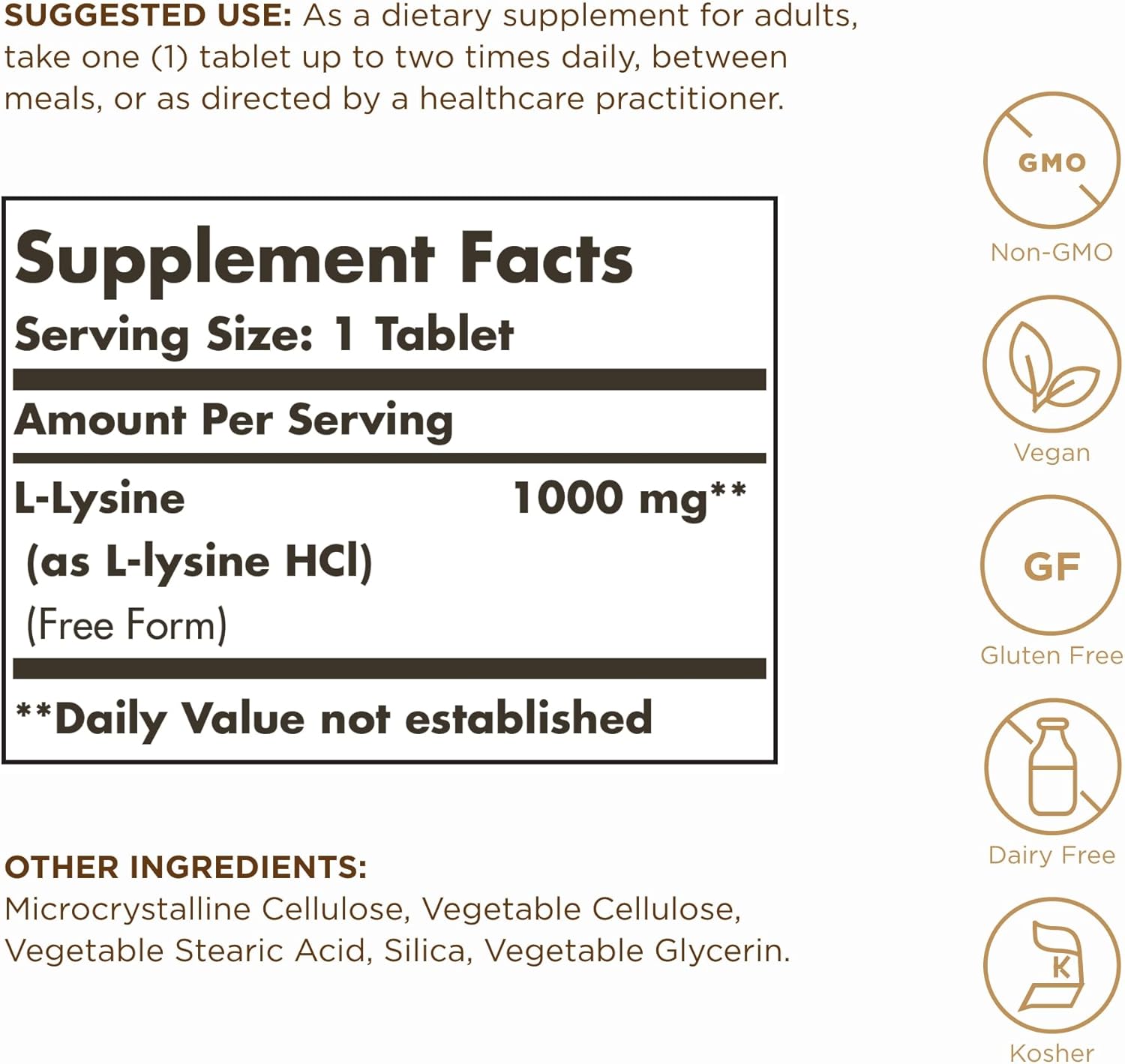 SOLGAR L-Lysine 1000 mg - 250 Tablets - Skin & Tissue Support
