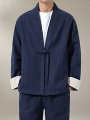 Large Size Men's Cotton Linen Kung Fu Uniform – Traditional 2-Piece Tang Suit for Tai Chi, Meditation & Daily Wear Navy blue Top