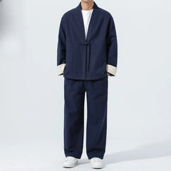 Large Size Men's Cotton Linen Kung Fu Uniform – Traditional 2-Piece Tang Suit for Tai Chi, Meditation & Daily Wear Navy blue Suit