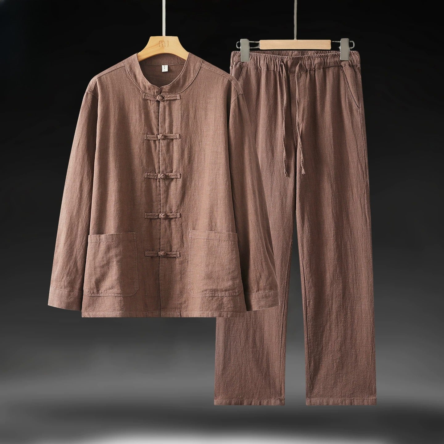 Ramie Stand Collar Men's Autumn Chinese Style Retro Long Sleeved Cotton Linen Shirt Suits Coffee