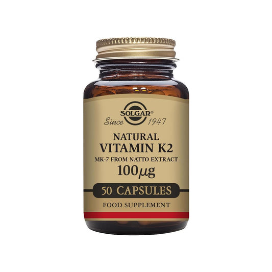 Solgar Vitamin K2 MK7 100mcg Vegetable Capsules Supports Bone Health Natural Whole Food Source from Natto Extract NonGMO Gluten Free Servings, Original, 50 Count