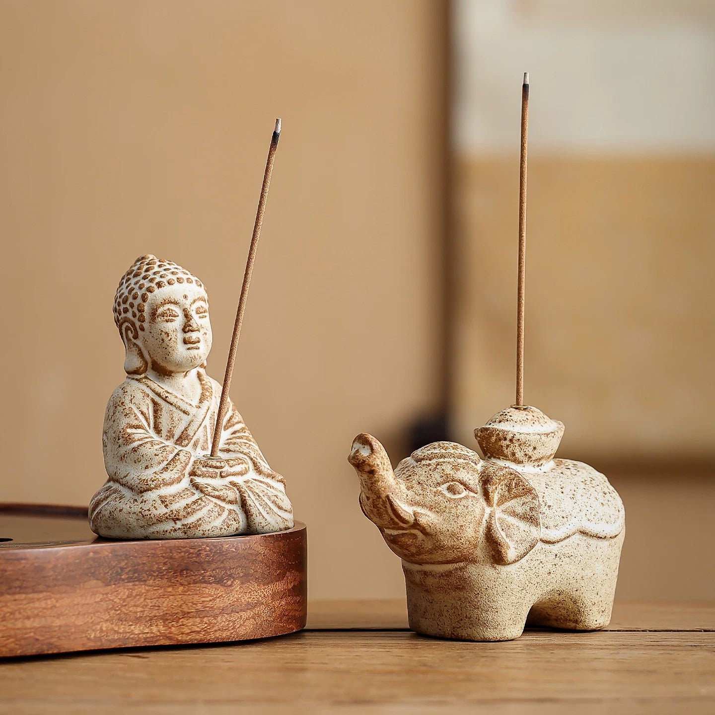 Buddha & Elephant Ceramic Incense Burner – Zen Stick/Coil Incense Holder, Tea Ceremony Decor & Meditation Gift