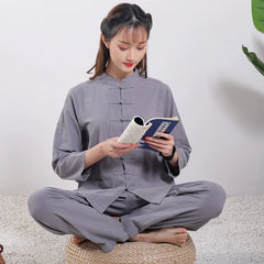 Xuanshan unisex lay suit tea suit cotton and linen wide-leg pants Chinese style Zen Chinese Tang style Zen suit set Female Grey