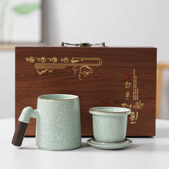 Ru Kiln Tea Cup Office Personal Tea Cup High-end Mug Ceramic Cup Porcelain Filter Cup Gift Box Grain Green