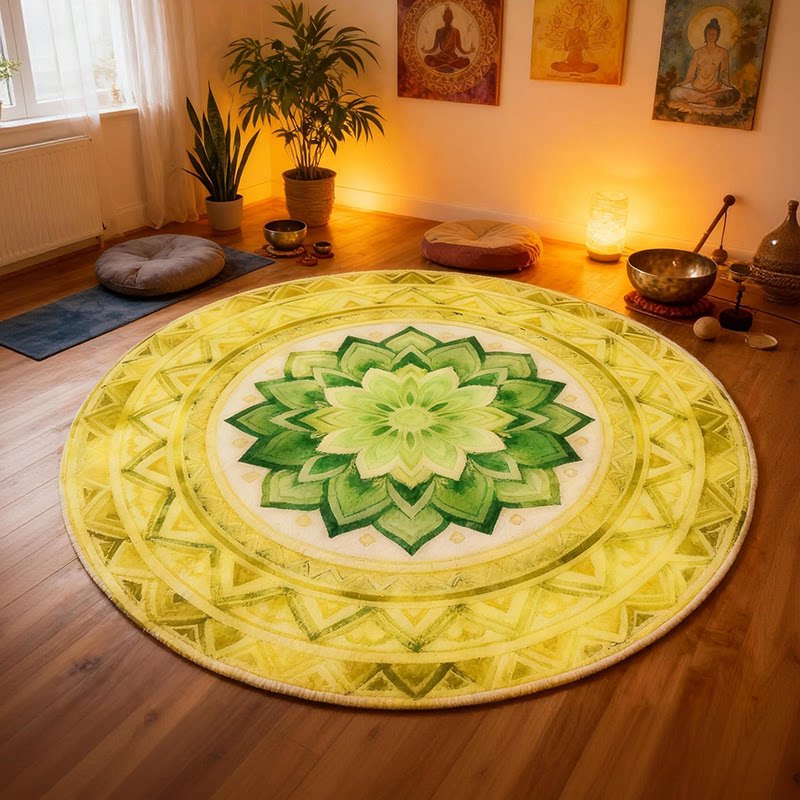 Singing Bowl Healing Room Carpet Round Meditation Mat Yellow-Green