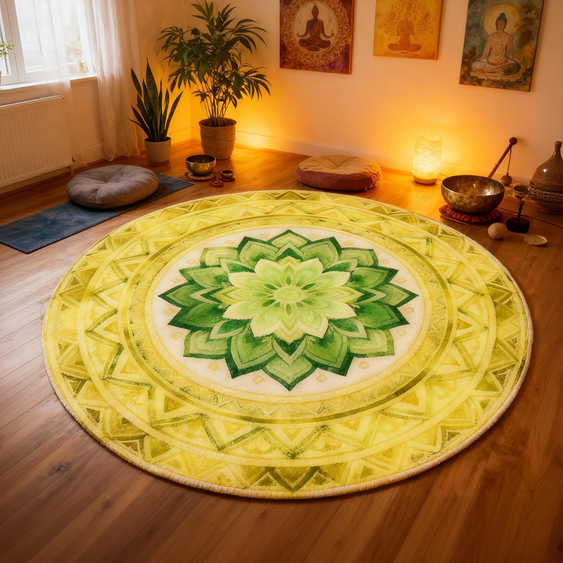 Singing Bowl Healing Room Carpet Round Meditation Mat Yellow-Green 80*80cm