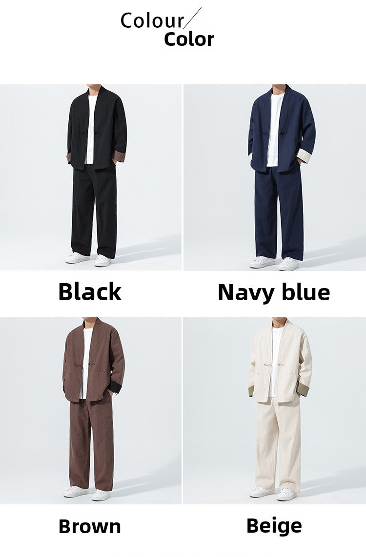Large Size Men's Cotton Linen Kung Fu Uniform – Traditional 2-Piece Tang Suit for Tai Chi, Meditation & Daily Wear