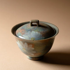 Hand-Painted Daisy Gaiwan 100ml – Rustic Ceramic 2-Piece Lid Bowl, Japanese Vintage Style 100ml