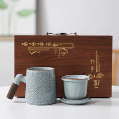 Ru Kiln Tea Cup Office Personal Tea Cup High-end Mug Ceramic Cup Porcelain Filter Cup Gift Box Grain Blue