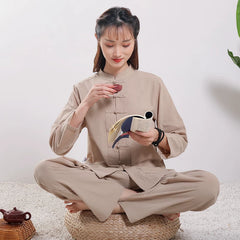 Xuanshan unisex lay suit tea suit cotton and linen wide-leg pants Chinese style Zen Chinese Tang style Zen suit set Female Khaki