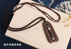 Retro Wood & Agate Necklace – Tibetan Style Sandalwood Pendant with Fortune Bead, Artsy Minimalist Jewelry