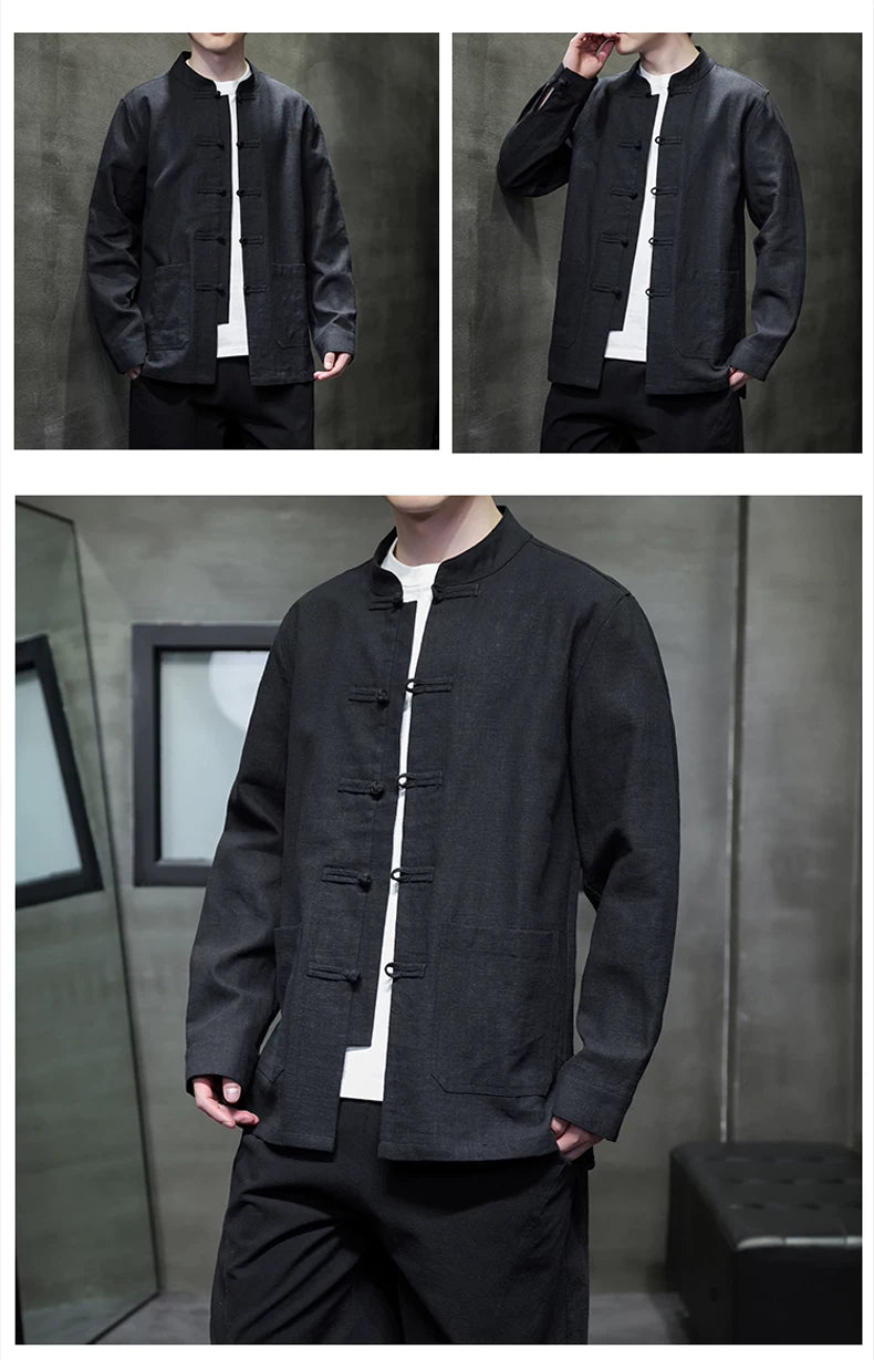 Ramie Stand Collar Men's Autumn Chinese Style Retro Long Sleeved Cotton Linen Shirt