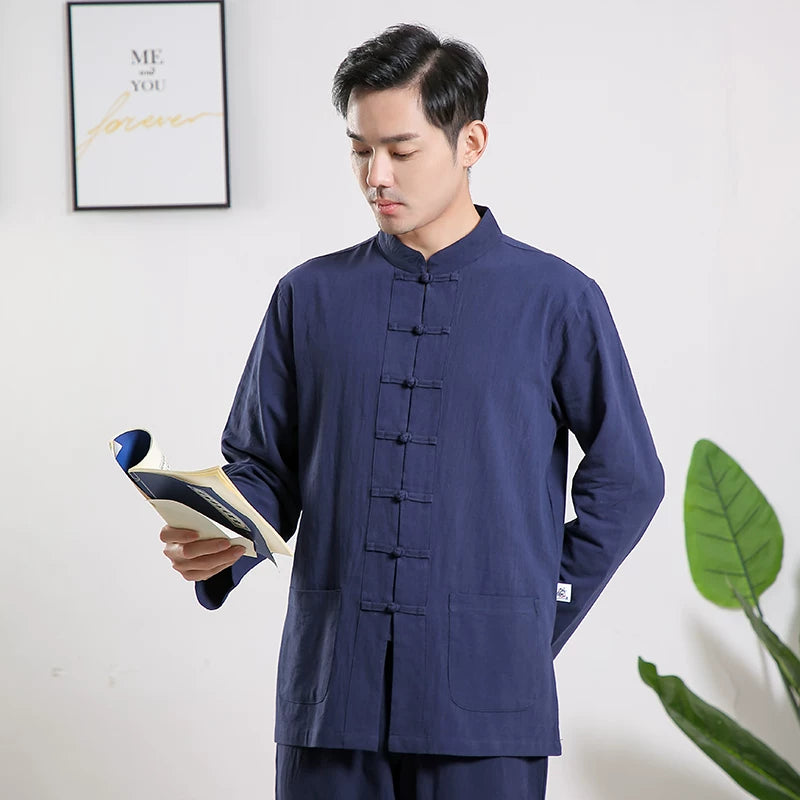 Xuanshan unisex lay suit tea suit cotton and linen wide-leg pants Chinese style Zen Chinese Tang style Zen suit set Male Navy blue
