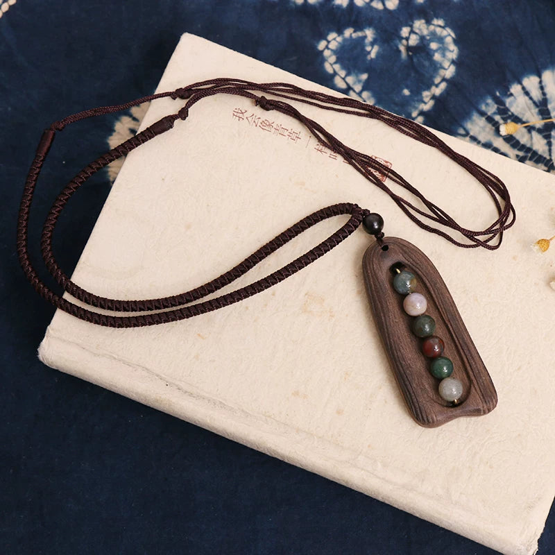 Retro Wood & Agate Necklace – Tibetan Style Sandalwood Pendant with Fortune Bead, Artsy Minimalist Jewelry
