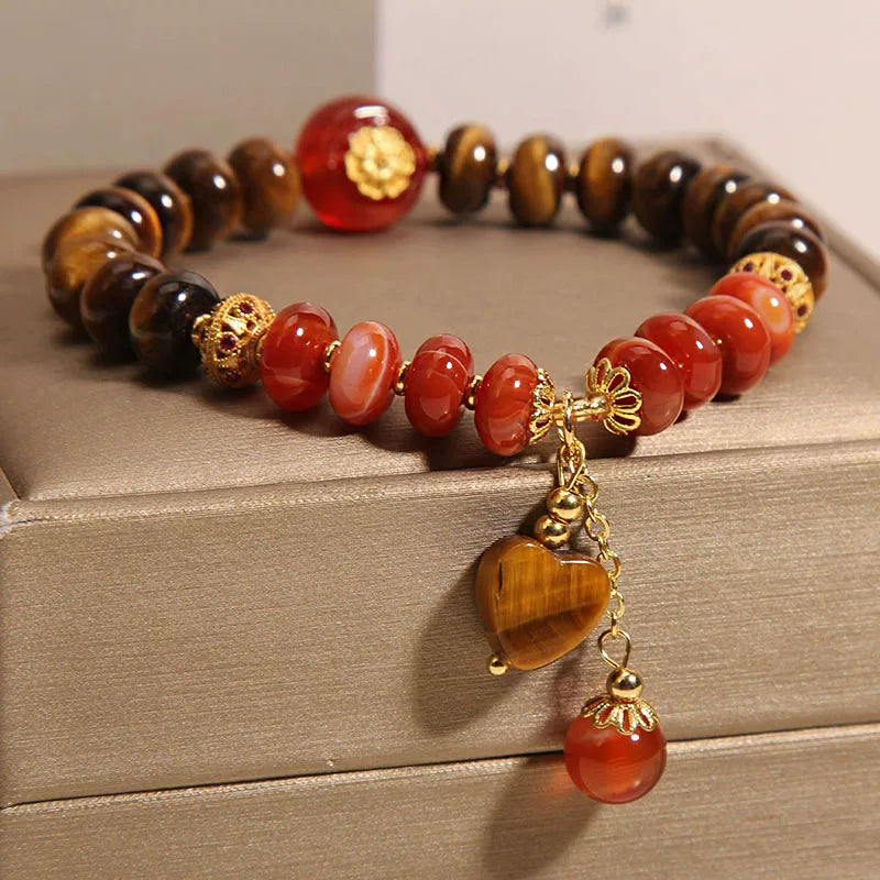 Tiger Eye Abacus Bracelet with Red Agate Heart – Retro New Chinese Style Beaded Hand Jewelry for Women