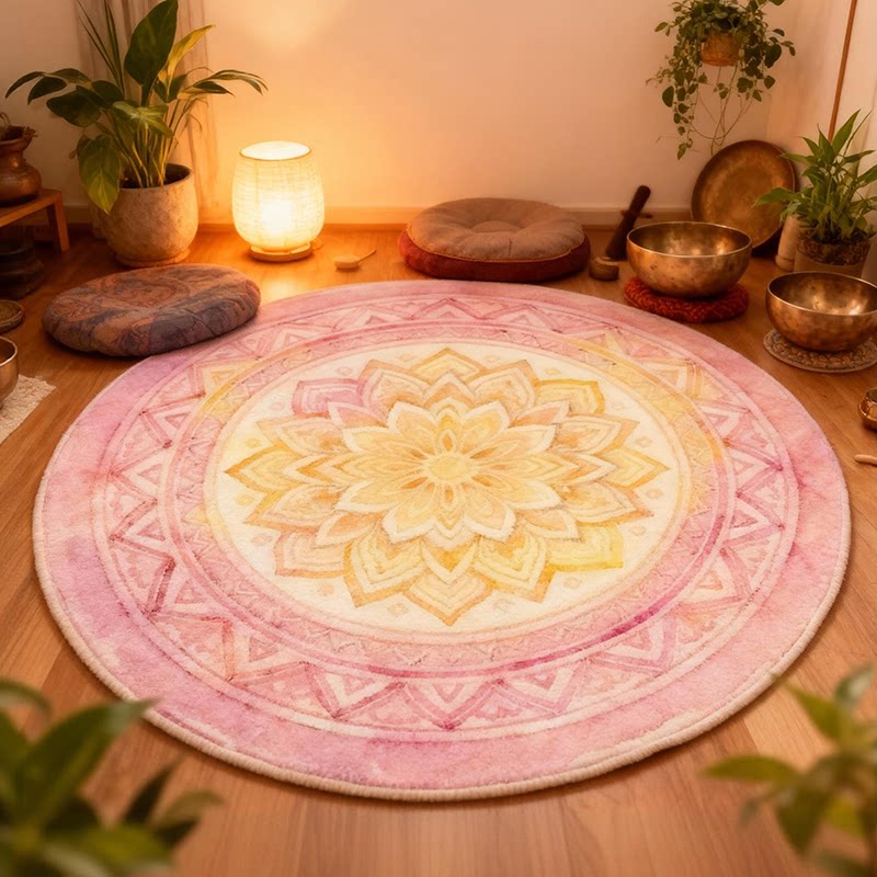 Singing Bowl Healing Room Carpet Round Meditation Mat Pink gold