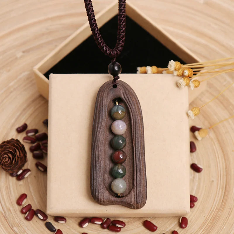 Retro Wood & Agate Necklace – Tibetan Style Sandalwood Pendant with Fortune Bead, Artsy Minimalist Jewelry Sandalwood