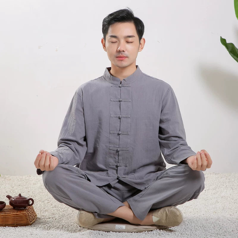 Zen Jushi Clothing – Cotton Linen Tai Chi & Yoga Outfit, Unisex Dharma / Tea Ceremony Suit Grey Long sleeves