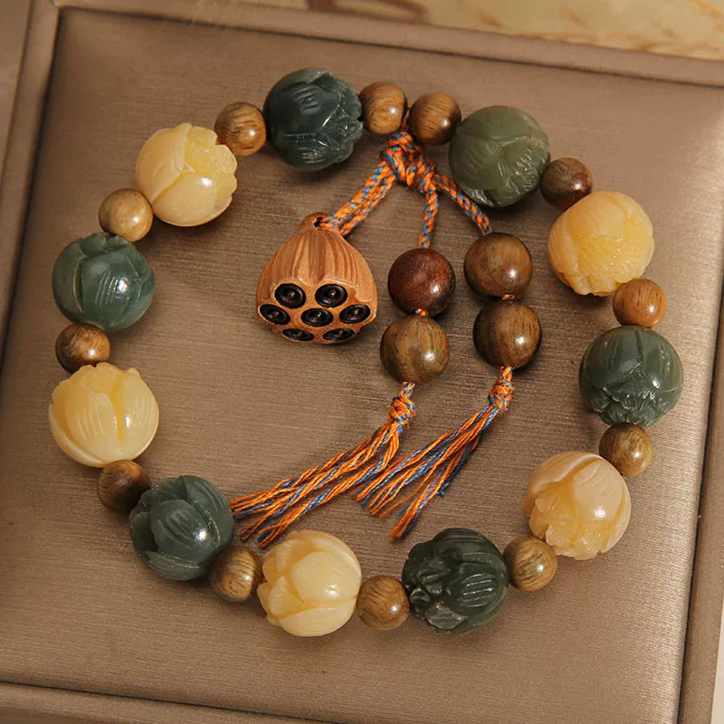 Green Sandalwood & Bodhi Root Bracelet – Lotus Pod Pendant Multi-Gem Beaded Jewelry, New Chinese Style for Women