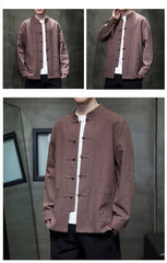Ramie Stand Collar Men's Autumn Chinese Style Retro Long Sleeved Cotton Linen Shirt