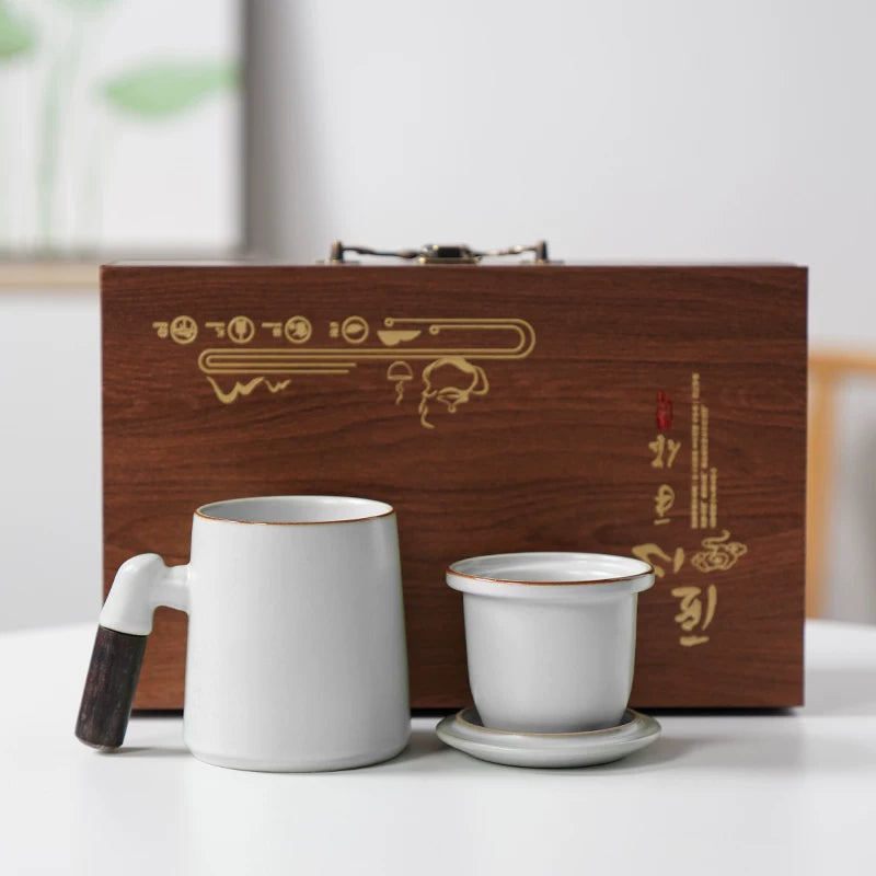 Ru Kiln Tea Cup Office Personal Tea Cup High-end Mug Ceramic Cup Porcelain Filter Cup Gift Box Solid color Moon white