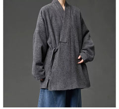 Unisex Autumn/Winter Chinese Layman's Robe – Mid-Length Loose Taoist Gown, Zen Meditation & Tea Ceremony Clothing Black