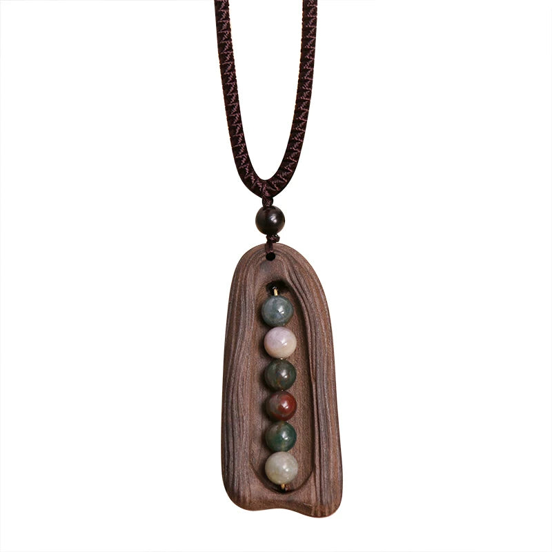 Retro Wood & Agate Necklace – Tibetan Style Sandalwood Pendant with Fortune Bead, Artsy Minimalist Jewelry