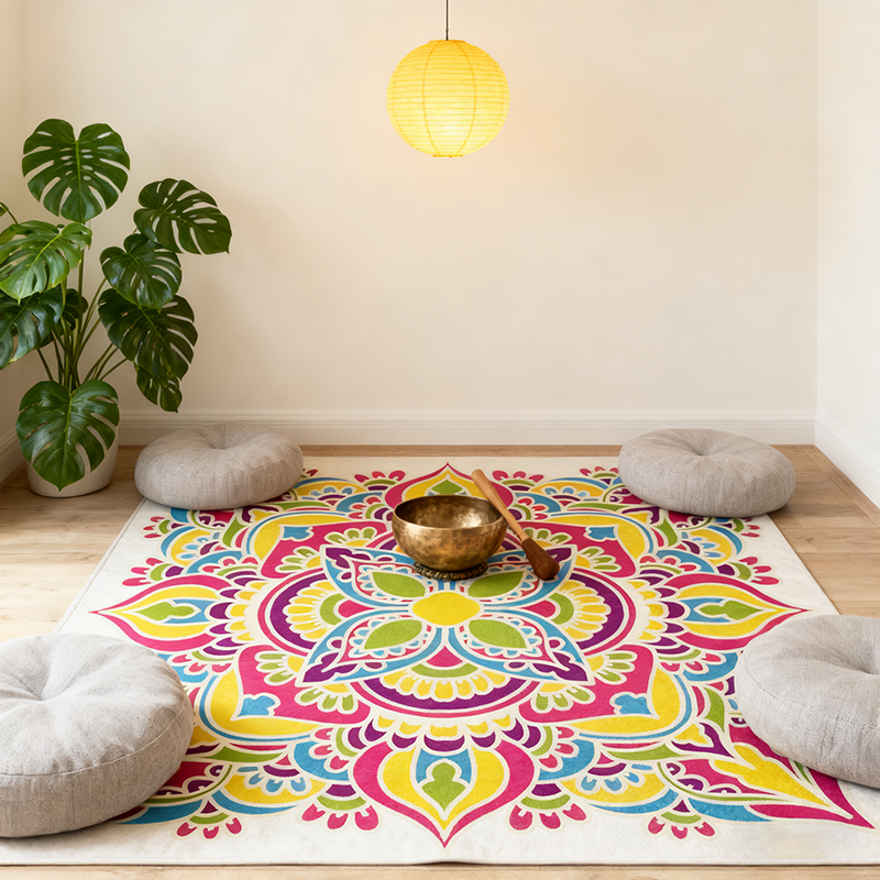 Square Meditation Mat, Mandala-themed Ethnic Healing Space Decoration Mat