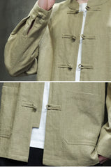 Ramie Stand Collar Men's Autumn Chinese Style Retro Long Sleeved Cotton Linen Shirt
