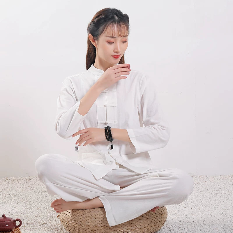 Xuanshan unisex lay suit tea suit cotton and linen wide-leg pants Chinese style Zen Chinese Tang style Zen suit set Female White
