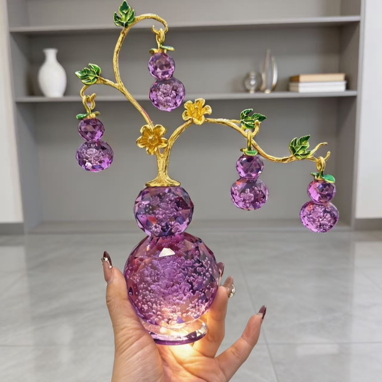 Purple K9 Crystal Gourd Ornament – "Five Blessings" Feng Shui Decor for Living Room, Entryway & Office