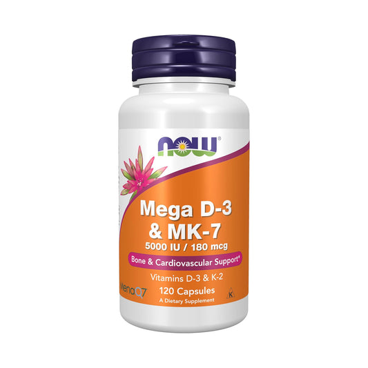 NOW Supplements, Mega D-3 & MK-7, 5000 IU / 180 mcg, Bone & Cardiovascular Support*, Vitamins K-3 & K-2, 120 Capsules