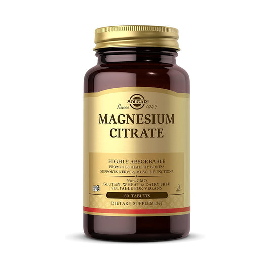 Solgar Magnesium Citrate, 60 Tablets - Promotes Healthy Bones - Supports Nerve & Muscle Function - Non GMO, Vegan, Gluten Free, Dairy Free, Kosher - 60 Servings, Standard Packaging