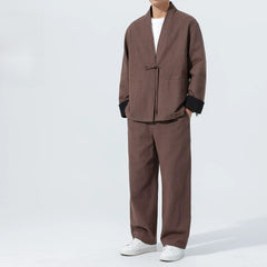Large Size Men's Cotton Linen Kung Fu Uniform – Traditional 2-Piece Tang Suit for Tai Chi, Meditation & Daily Wear Coffee Suit