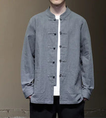 Ramie Stand Collar Men's Autumn Chinese Style Retro Long Sleeved Cotton Linen Shirt Top Grey