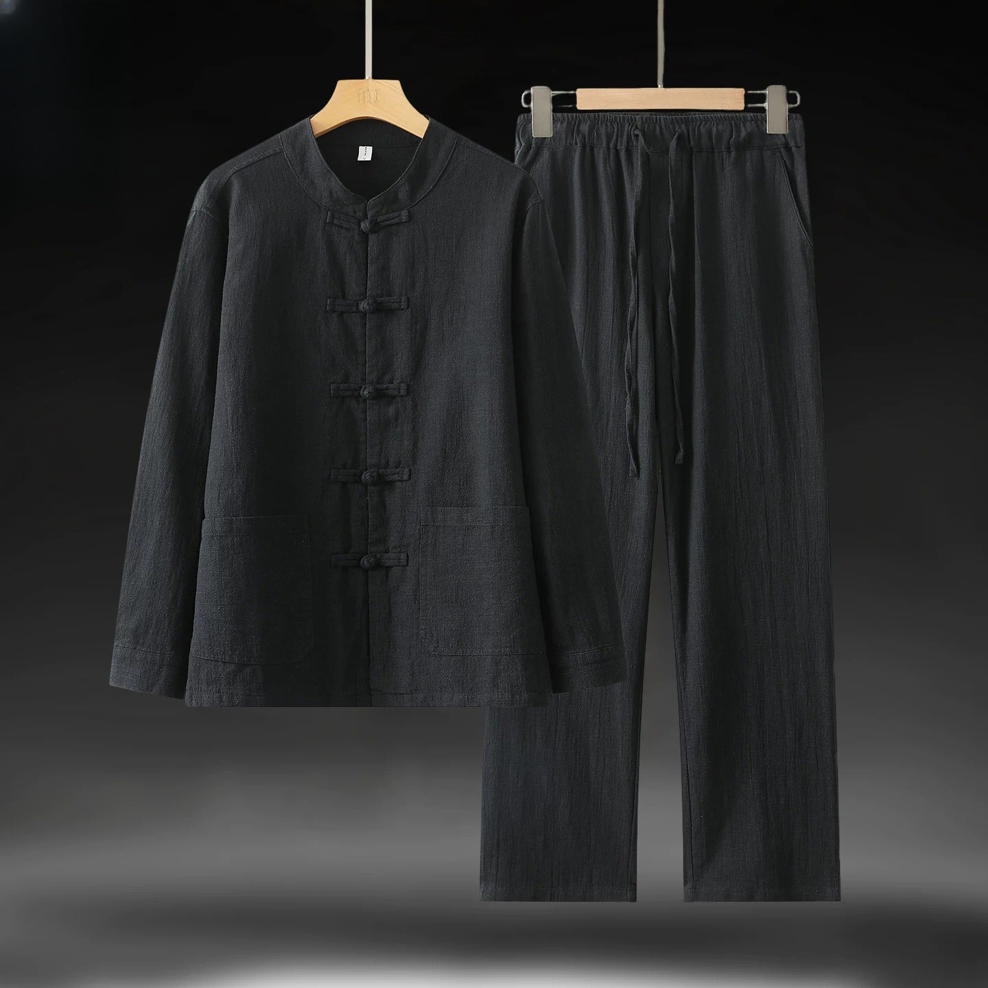 Ramie Stand Collar Men's Autumn Chinese Style Retro Long Sleeved Cotton Linen Shirt Suits Black