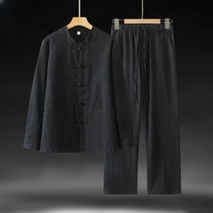 Ramie Stand Collar Men's Autumn Chinese Style Retro Long Sleeved Cotton Linen Shirt Suits Black