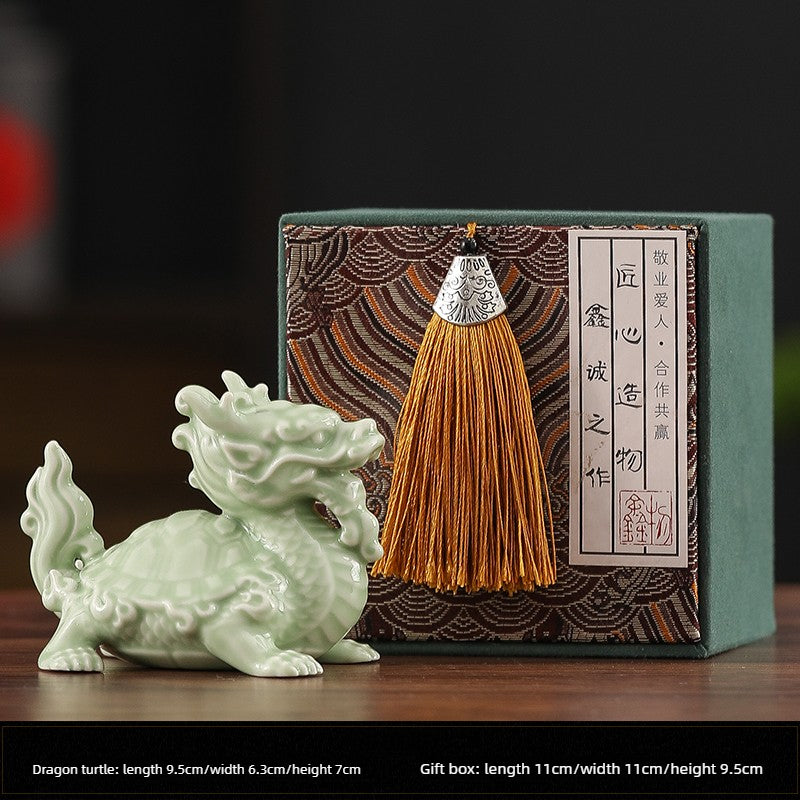 Ceramic Dragon Turtle Feng Shui Statue – Auspicious Dragon-Headed Turtle for Wealth, Protection & Office Decor Celadon