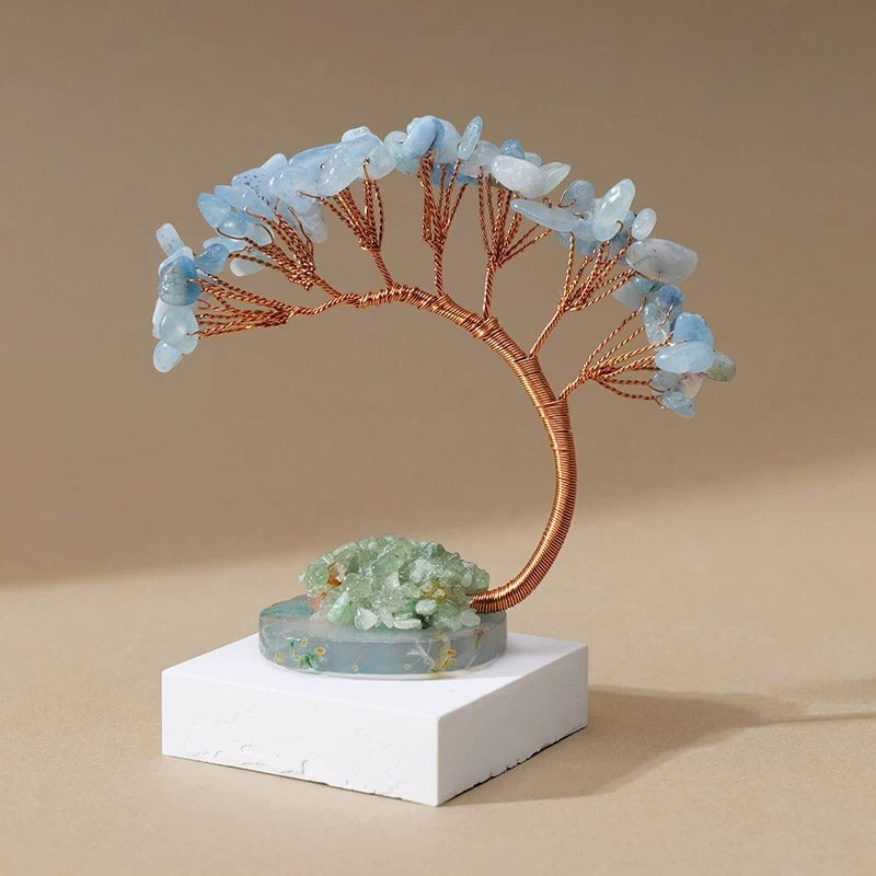 Natural Gemstone Money Tree – 6 Colors (Amethyst/Aquamarine/Agate etc.) Feng Shui Desk Ornament Aquamarine