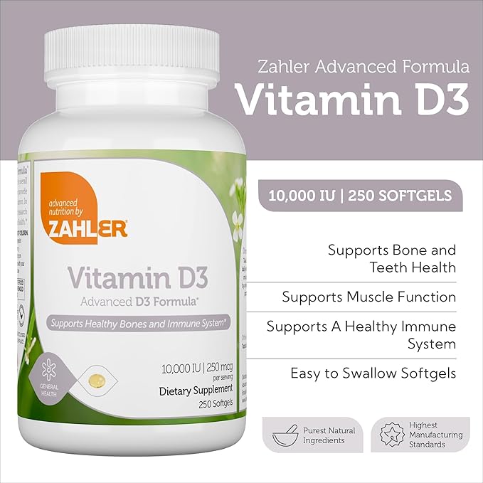 Zahler - Advanced Vitamin D3 10,000 IU Softgels (250Count)  Immune Support, Bone, Teeth & Muscle Health