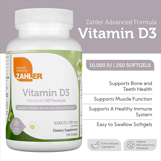 Zahler - Advanced Vitamin D3 10,000 IU Softgels (250Count)  Immune Support, Bone, Teeth & Muscle Health